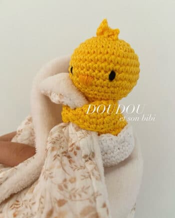 Commande client - doudou câlin poussin tissu douillette et tissu fleuri beige à commander