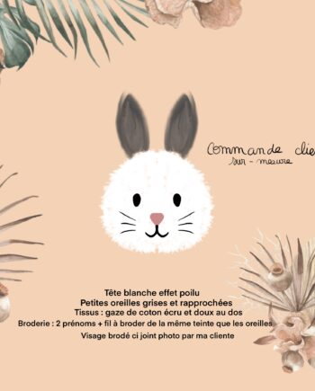 Commande client - doudou noeud lapin tête blanche et oreilles grises + broderie