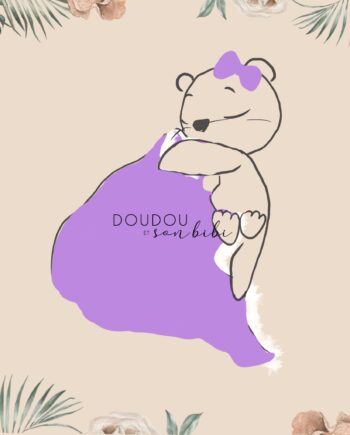 Commande client 3001 - doudou câlin loutre avec petit noeud tissu gaze lilas et tissu douillette sur commande (1 exemplaire)